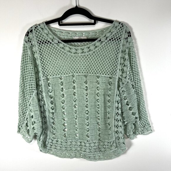 Entro Size M Mint Green Crochet Knit Boho Top Batwing Sleeves Hippie Festival‎ - Picture 1 of 9